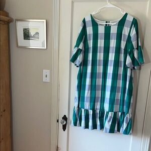 1901 Green,‎ Lavender and White Bell Sleeve Plaid Dress L